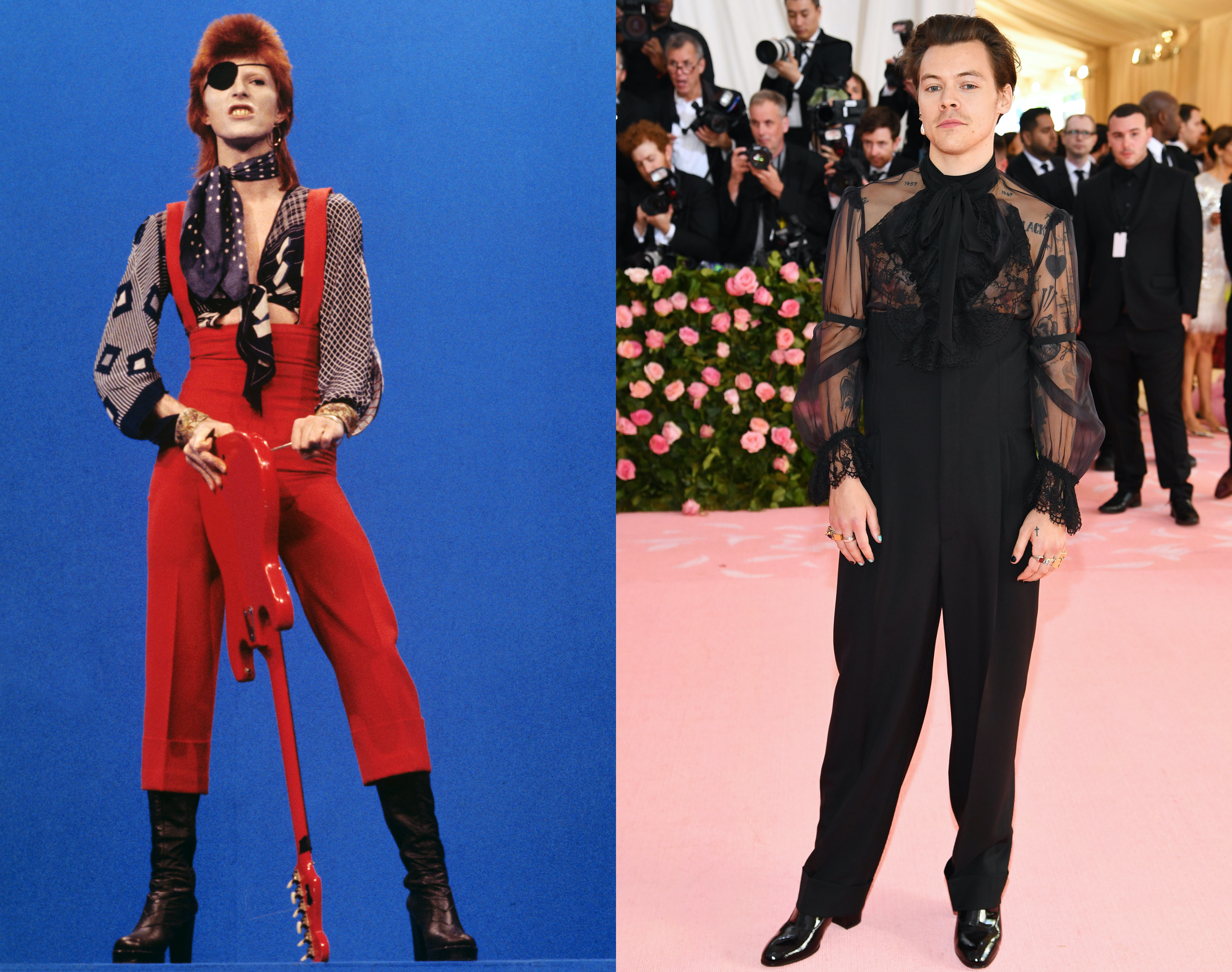 Harry Styles (R) regularly cites David Bowie as a style icon of his. (Gijsbert Hanekroot/Redferns via Getty/ANGELA WEISS/AFP via Getty Images)