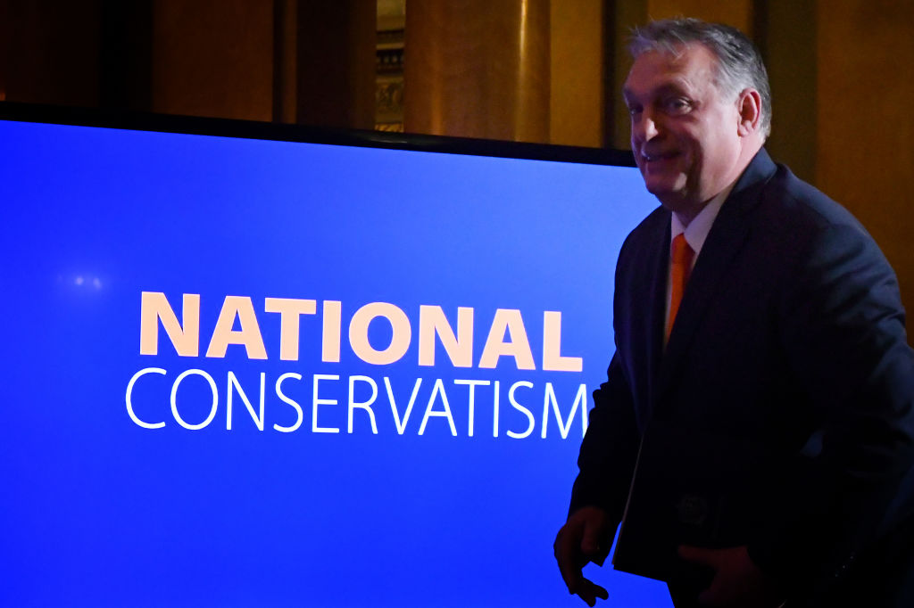 Tory MP condemned: Hungary prime Minister Viktor Orban addresses the National Conservatism conference gathering alongside other European far-right leaders on February 4, 2020, in Rome.