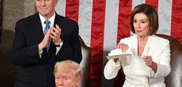 Speaker of the US House of Representatives Nancy Pelosi rips a copy of US President Donald Trumps speech after he delivered the State of the Union address at the US Capitol in Washington, DC. (MANDEL NGAN/AFP via Getty Images)