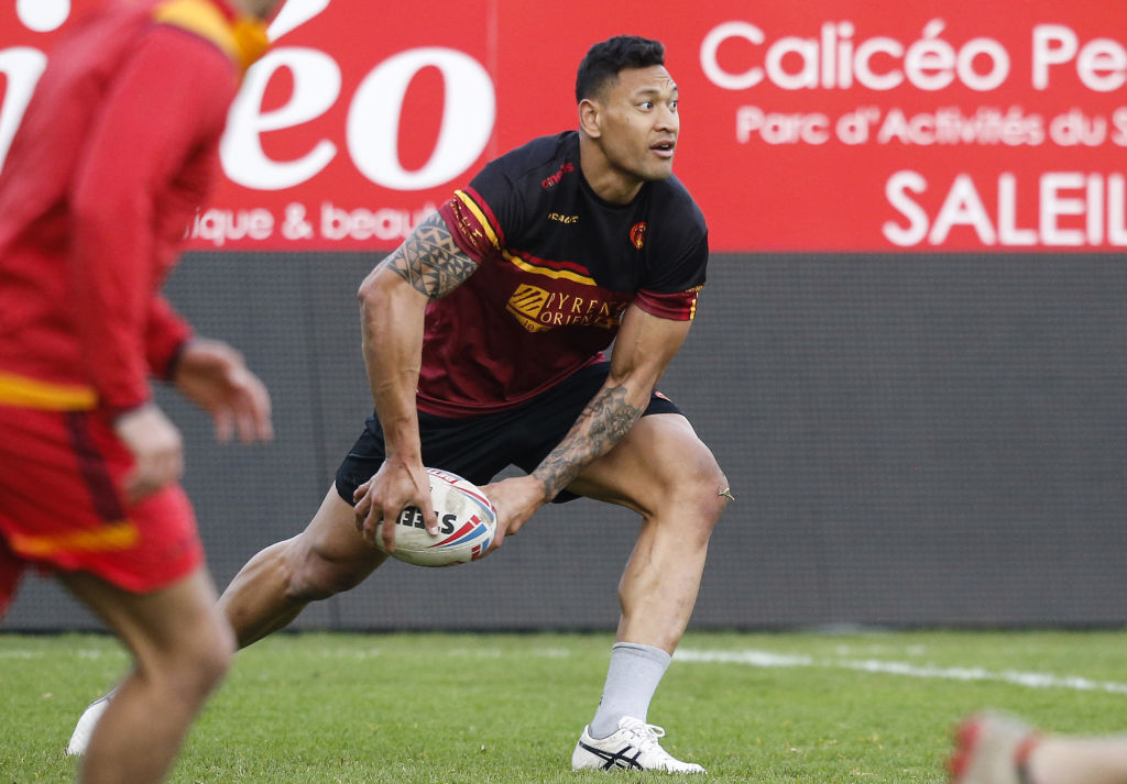 Catalans Dragons' Israel Folau takes part in his first training session at the Gilbert Brutus stadium in Perpignan on February 12, 2020