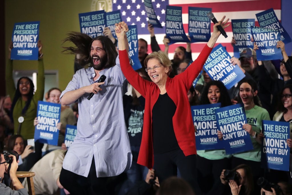Jonathan Van Ness, of the Netflix series Queer Eye, introduces Democratic presidential candidate, Sen. Elizabeth Warren 