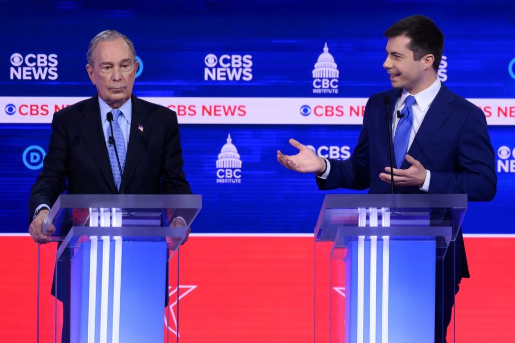 Democratic presidential hopefuls former New York mayor Mike Bloomberg (L) and former mayor of South Bend, Indiana Pete Buttigieg (R) both sparred with Bernie Sanders during the South Carolina debates. (JIM WATSON/AFP via Getty Images)