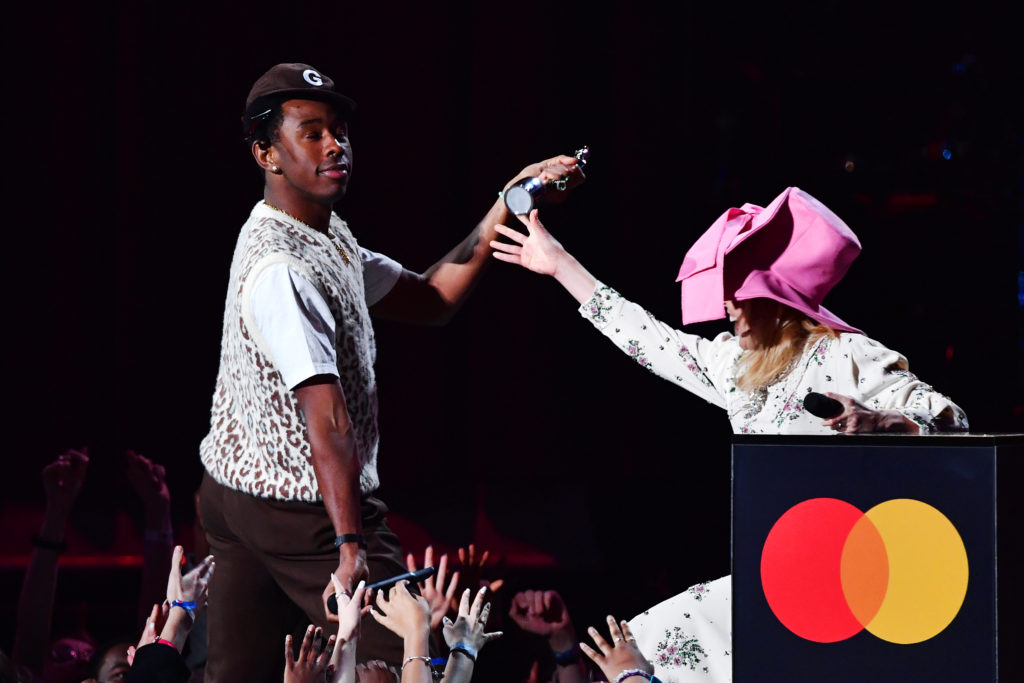 Tyler, The Creator accepts the International Male Solo Artist award from Paloma Faith. (Gareth Cattermole/Getty Images)