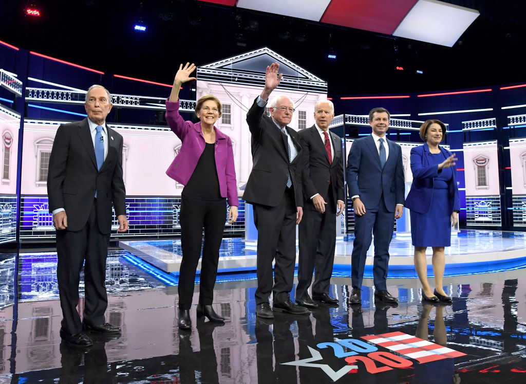 Democratic presidential candidates Mike Bloomberg, Elizabeth Warren, Bernie Sanders, Joe Biden, Pete Buttigieg and Amy Klobuchar