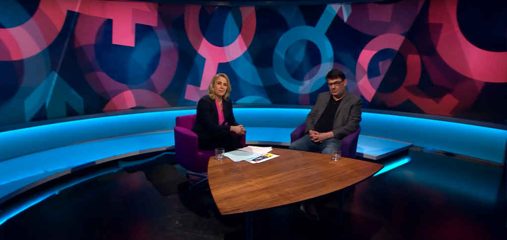 Father Ted writer Graham Linehan (R) discussing recent controversy surrounding his thoughts on trans folk on BBC Newsnight. (Screen capture via YouTube)