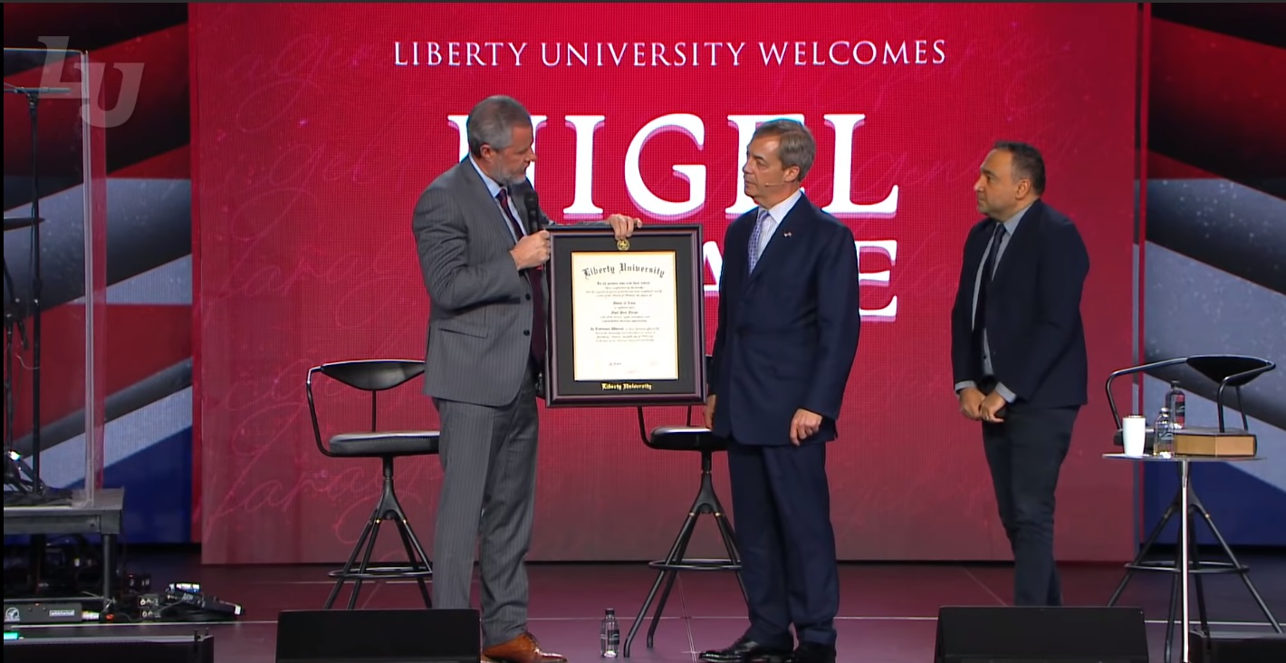 Nigel Farage was honoured by Liberty University president Jerry Falwell Jr