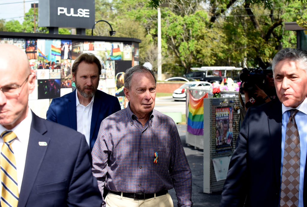 Michael Bloomberg departs after visiting the Pulse memorial with Fred and Maria Wright, whose son, Jerry Wright, was killed during the Pulse shooting. (Paul Hennessy/NurPhoto via Getty Images)