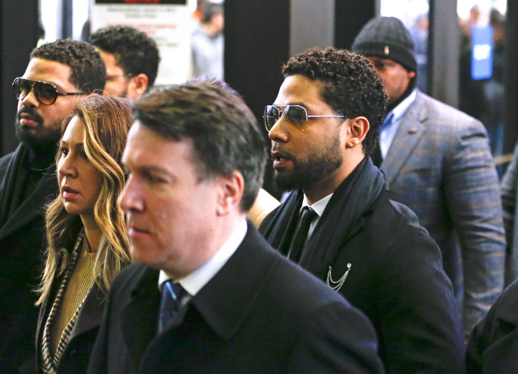 Flanked by attorneys and supporters, actor Jussie Smollett arrives at the Leighton Criminal Courthouse on February 24, 2020 in Chicago, Illinois. (Nuccio DiNuzzo/Getty Images)