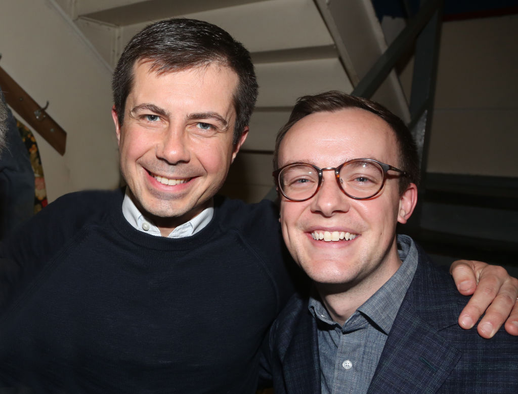 Pete Buttigieg and husband Chasten Buttigieg pose backstage at the hit play 'The Inhertance' on Broadway at The Barrymore Theatre