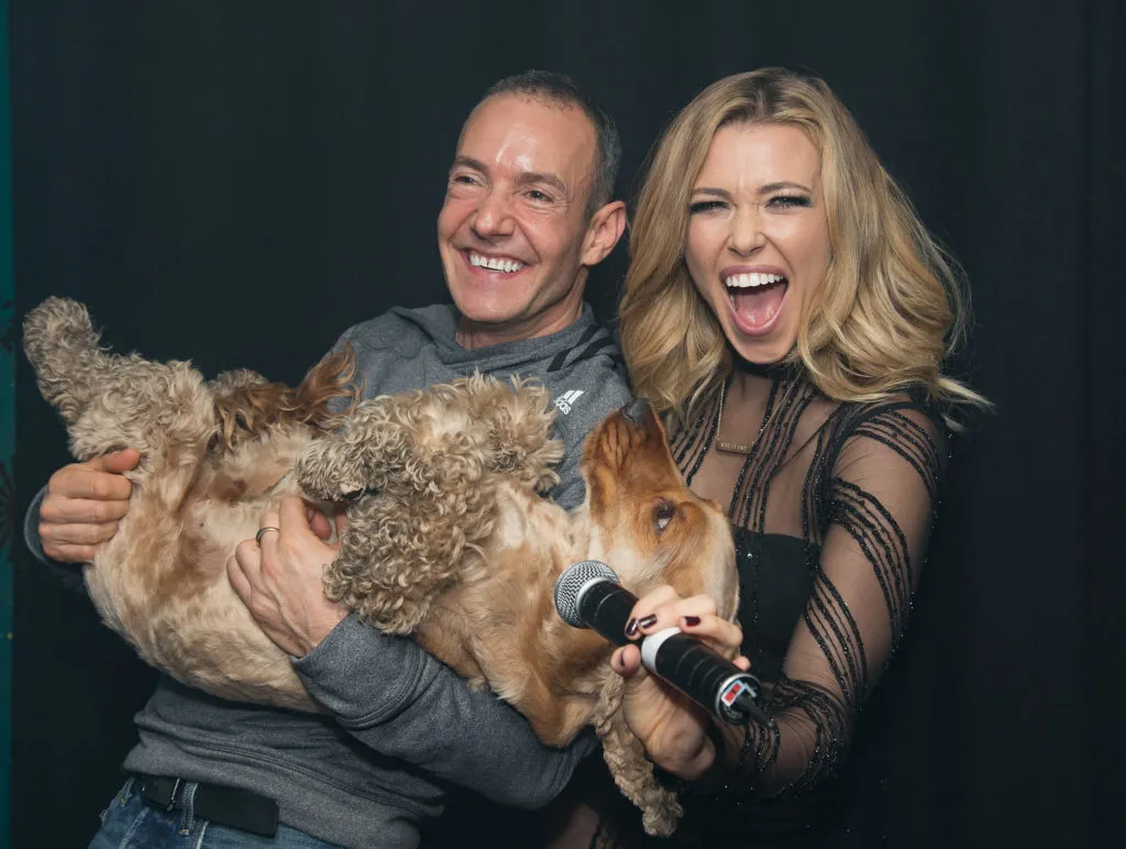 Rachel Platten (R) poses backstage with Jeremy Joseph and Jacob the dog before her performance on stage at G-A-Y Club Night at Heaven. (Jo Hale/Redferns)