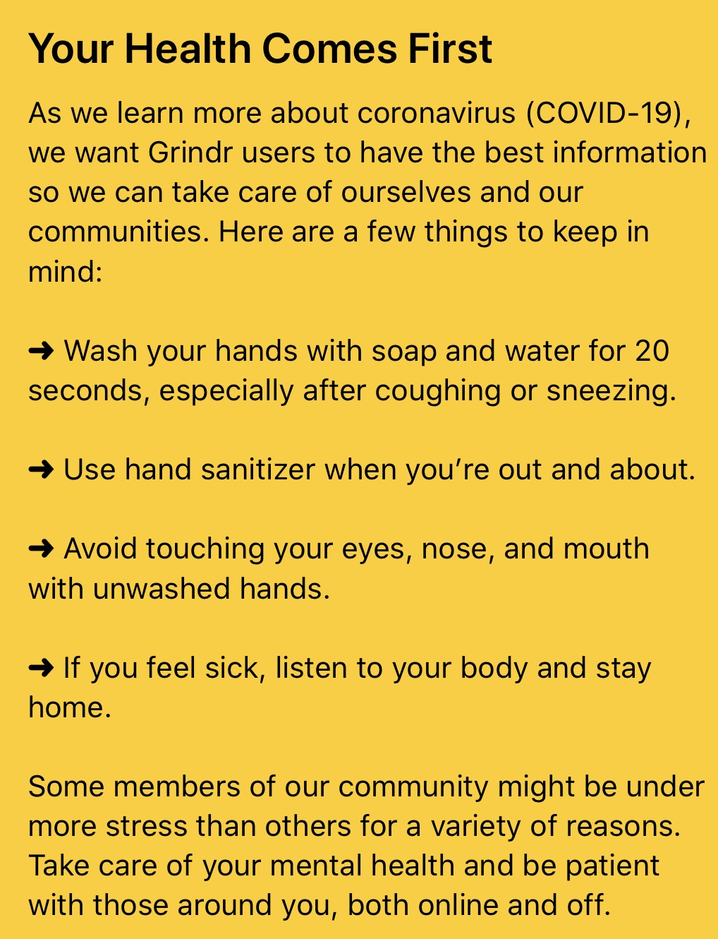 Grindr has issued a coronavirus alert to users 