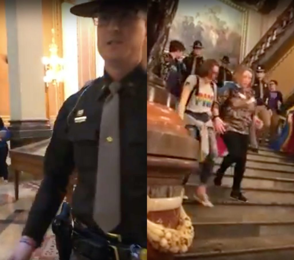 The Iowa state trooper demanded the trans teen leave after they used the restroom, with one teen lashing back "Why do you care?" On the right, the students leave the building in tears. (Iowa Safe Schools)