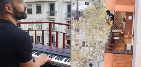 Gay pianist Alberto Gestoso played Céline Dion's iconic number to cooped-up locals while Spain is under coronavirus lockdown. (Screen captures via Instagram)