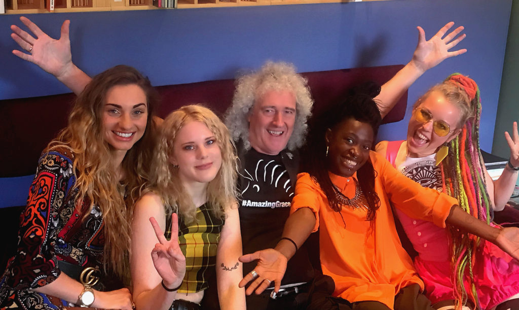 (From L-R) Brian May, Talia Dean, Isabel Lysell, session bassist Rosetta Carr and Vicky O'Neon. (Desmond Murray)