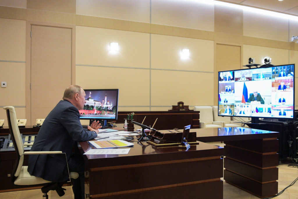 Russia's president Vladimir Putin holds a meeting at Novo-Ogarevo residence via video link with government members. (Alexei DruzhininTASS via Getty Images)