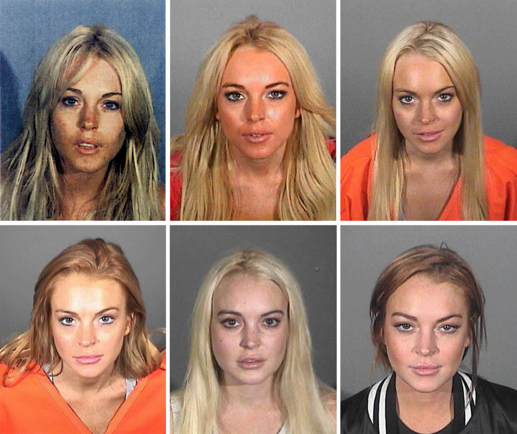 A composite image compares the six booking photos of actress Lindsay Lohan. (Various Sheriff's Departments via Getty Images)