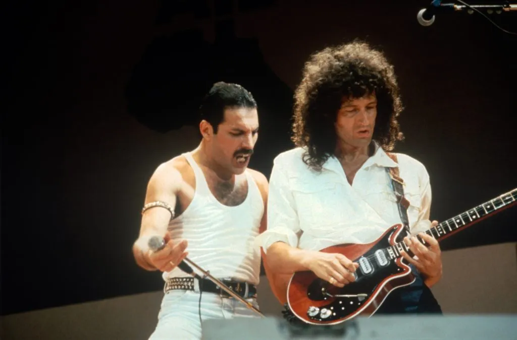 Freddie Mercury and Brian May of the band Queen at Live Aid on July 13, 1985. (FG/Bauer-Griffin/Getty Images)