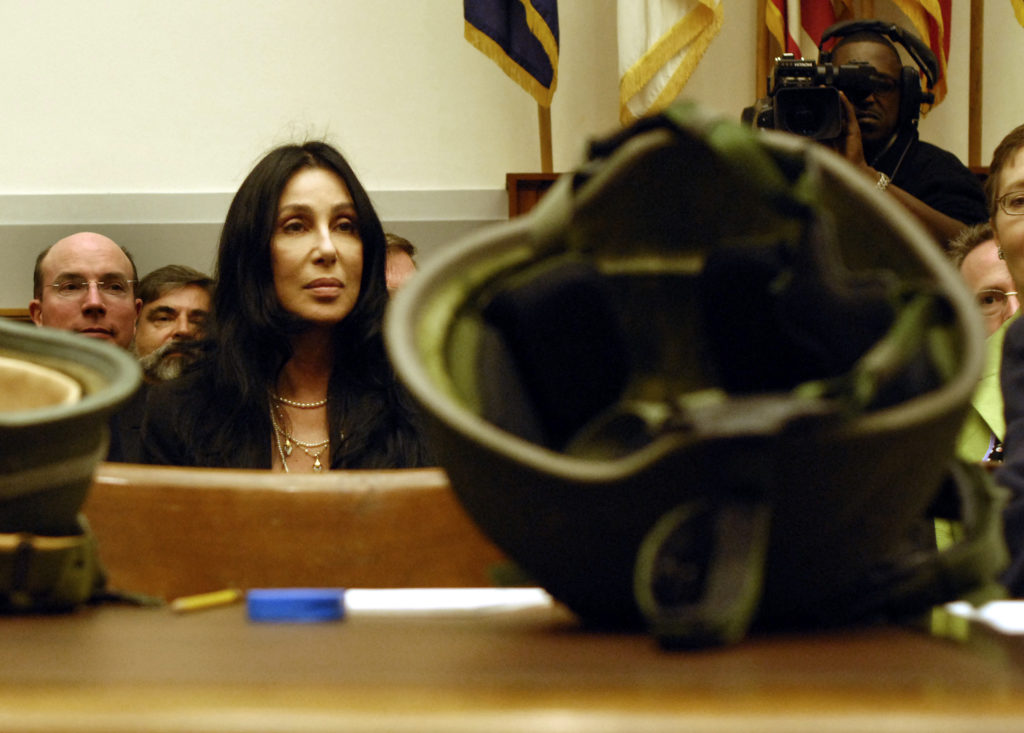 Singer Cher at a House Armed Services Tactical Air and Land Forces Subcommittee hearing on the use of combat helmets, vehicle armour, and body armour by ground forces in Operation Iraqi Freedom and Operation Enduring Freedom. (Chris Maddaloni/Roll Call/Getty Images)
