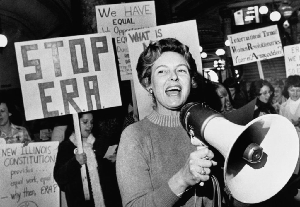 Phyllis Schafly leads a Stop ERA protest