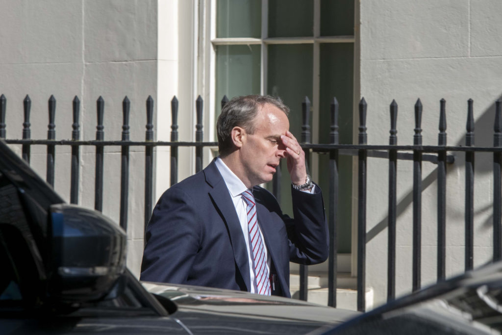 Foreign secretary Dominic Raab arrives at Downing Street on the day after UK passed Italy on the Coronavirus death toll and now has the highest number in Europe on May 6, 2020 in London, England. (Erica Dezonne/PX Images/Icon Sportswire via Getty Images)