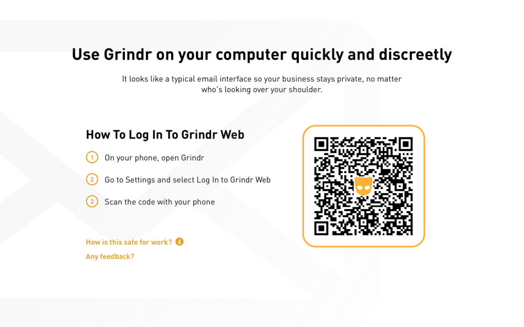 Grindr web users must scan a unique QR code to log-into the desktop service. (Grindr)