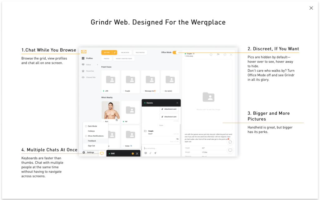The Grindr web interface has an "office mode", making the app more discrete by hiding faces and mimicking a non-specific communication platform. (Grindr)