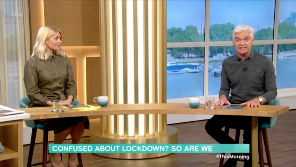 Holly Willoughby, stunned into silence, as Philip Schofield tears into Boris Johnson and his cabinet's handling of the coronavirus pandemic. (Screen capture via ITV)