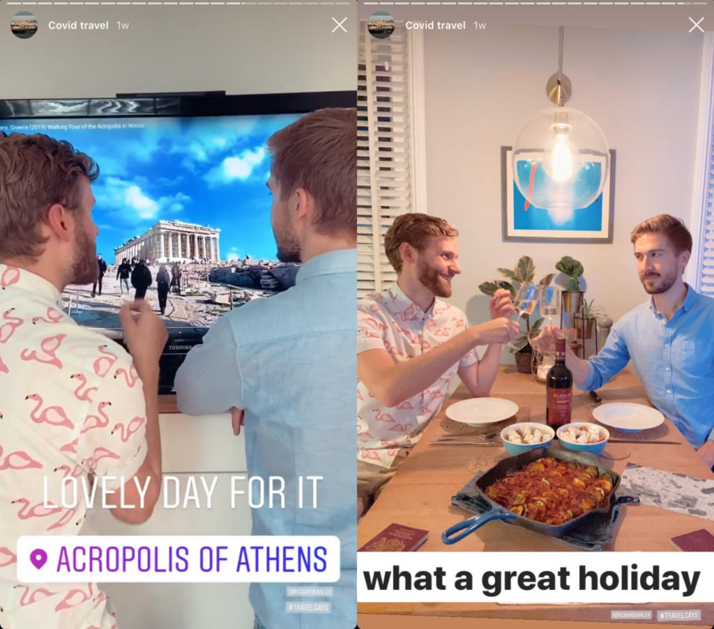 After a busy day watching YouTube videos of people exploring Athens, Richard Earley and Gary Whiting clinked glasses of Greek red wine together in their replica of a restaurant. (Instagram)