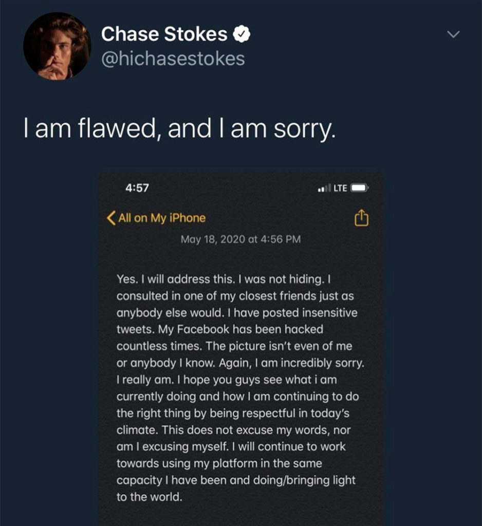The apology posted to Chase Stokes' Twitter account. 