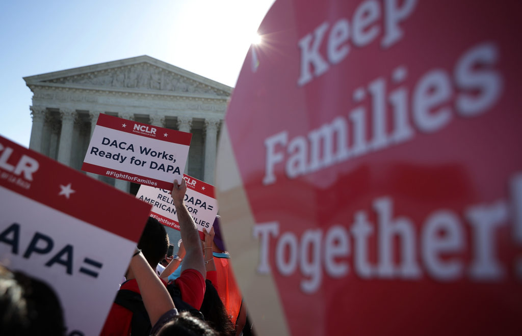 Pro-immigration activists gather in front of the US Supreme Court on April 18, 2016 in Washington, DC. (Alex Wong/Getty Images)