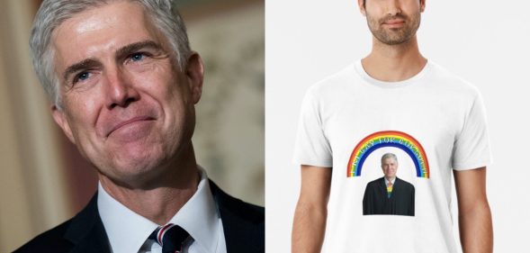 Neil Gorsuch, who dealt a blowback to his conservative allies by backing a pro-LGBT+ ruling, has attracted a new following: Queer men with Redbubble accounts. (Drew Angerer/Getty Images/Redbubble)