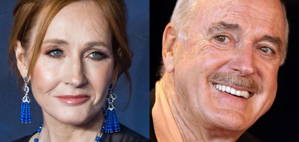 Actor John Cleese (R) expressed his "bafflement" over the controversy surrounding JK Rowling's views on trans rights. (Samir Hussein/WireImage/Mark Metcalfe/Getty Images)