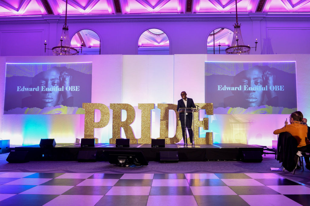Edward Enninful speaks on stage at the Pride In London Gala Dinner 2019. (Jeff Spicer/Getty Images for Pride in London)