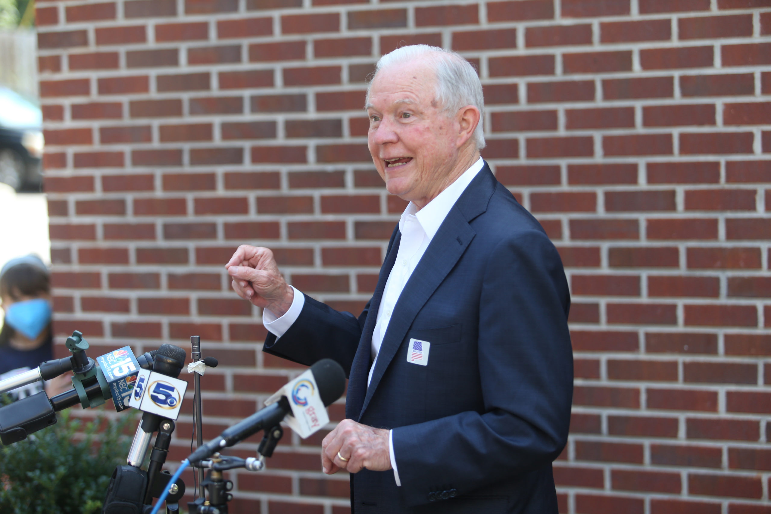 Jeff Sessions addresses the media after voting in the Alabama Republican primary runoff for the U.S. Senate on July 14, 2020 in Mobile, Alabama.