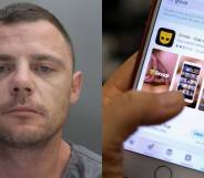 James Inglesby mugshot / iPhone screen on the Grindr download page