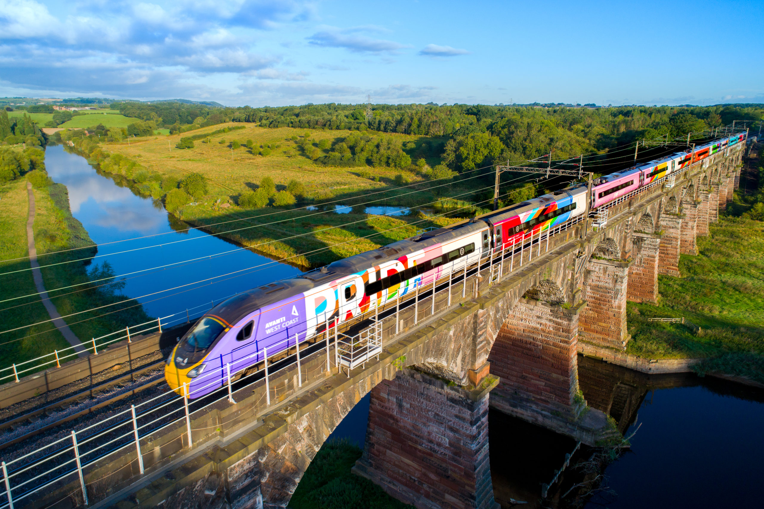 A 265m Pride flag flies proud on the side of the new 11-carriage Avanti West Coast Pride train ahead of its launch service 
