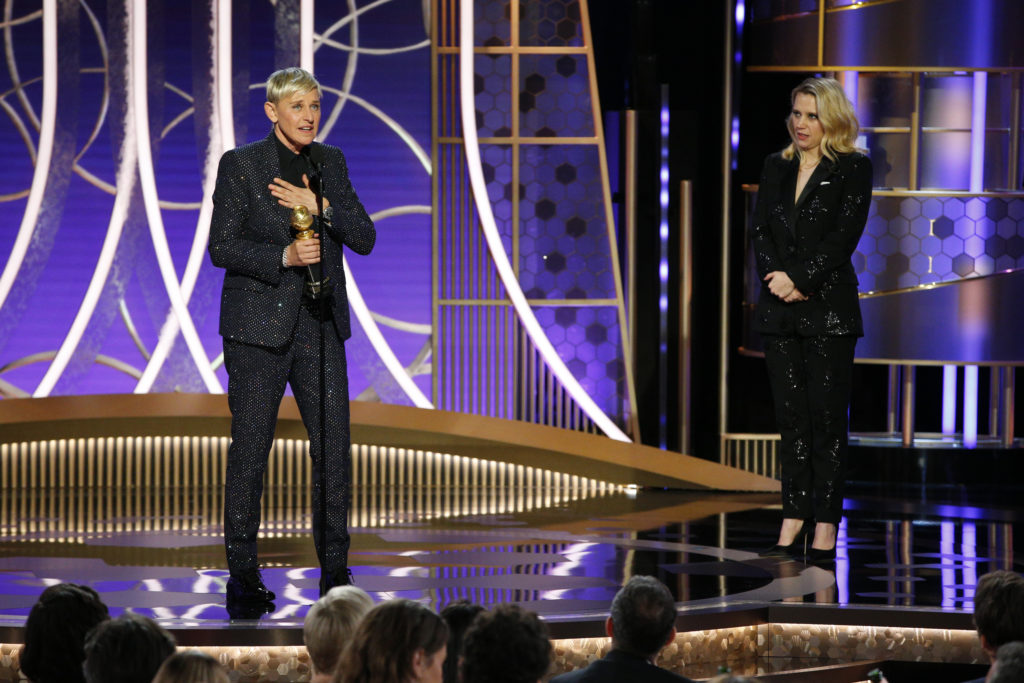 Ellen DeGeneres (L) accepts the CAROL BURNETT AWARD presented by Kate McKinnon. (Paul Drinkwater/NBCUniversal Media, LLC via Getty Images)