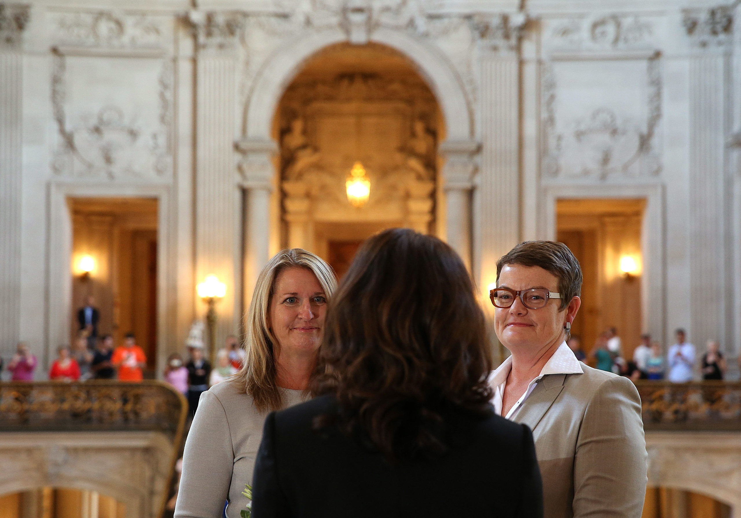 Same-sex couple Sandy Stier and Kris Perry are married at San Francisco City Hall by California Attorney General Kamala Harris on June 28, 2013 
