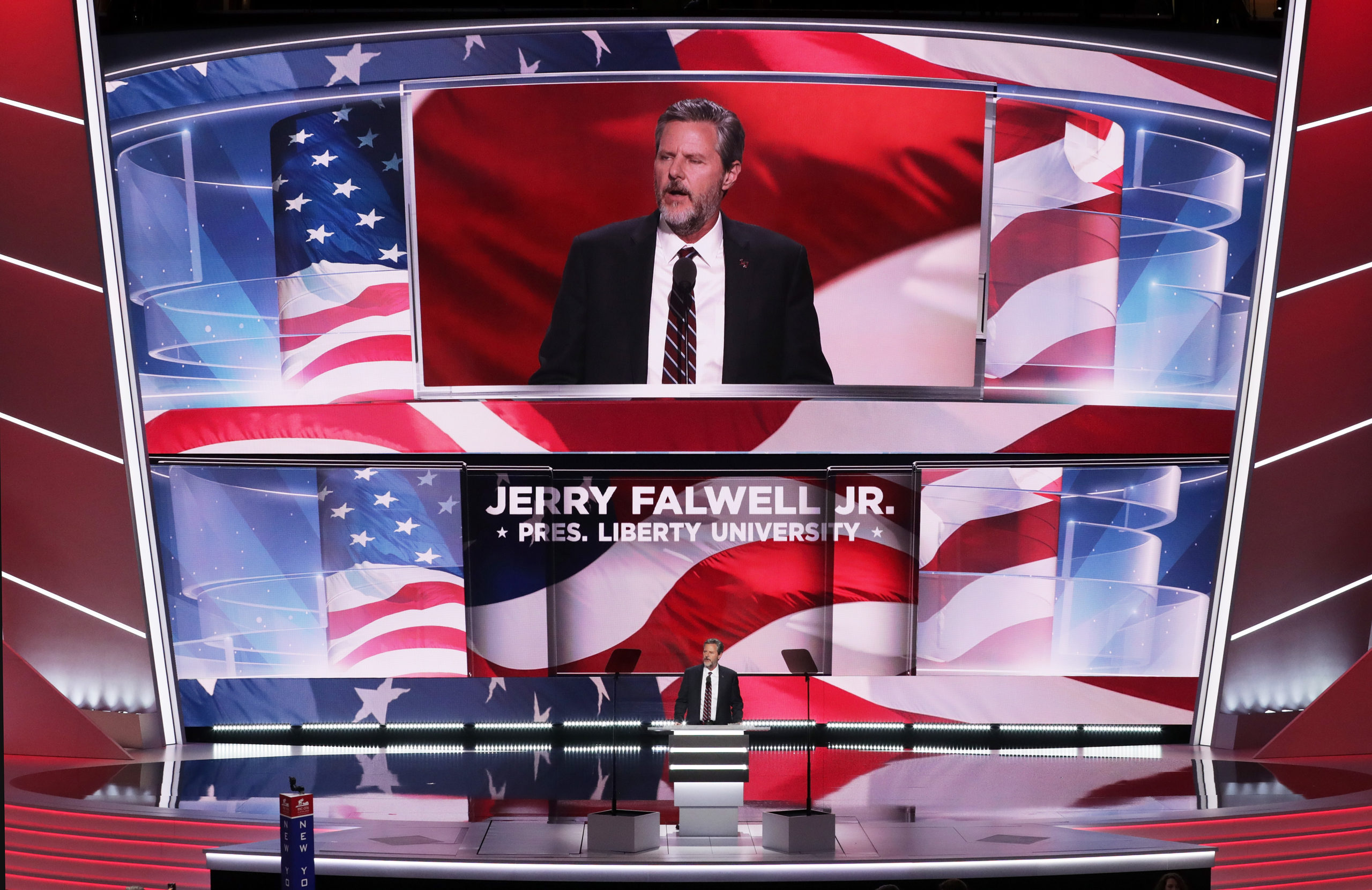 President of Liberty University, Jerry Falwell Jr, delivers a speech during the evening session on the fourth day of the Republican National Convention in 2016 