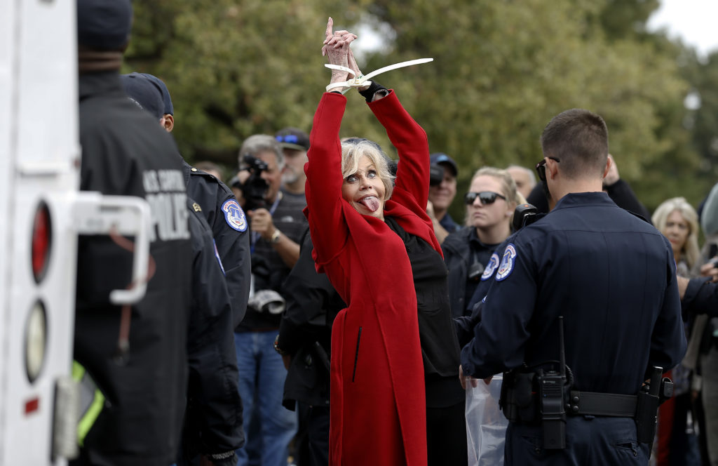 Jane Fonda is arrested during the "Fire Drill Friday" Climate Change Protest on October 25, 2019 in Washington, DC. (John Lamparski/Getty Images)