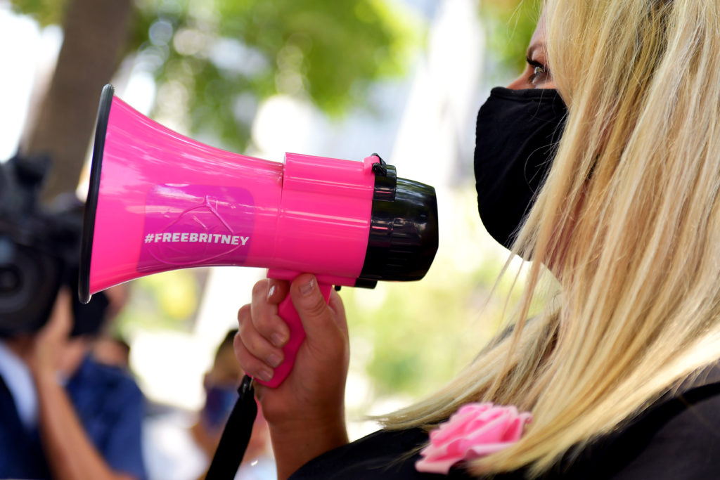 Supporters of Britney Spears gather outside a courthouse in downtown for a #FreeBritney protest. (Matt Winkelmeyer/Getty Images)