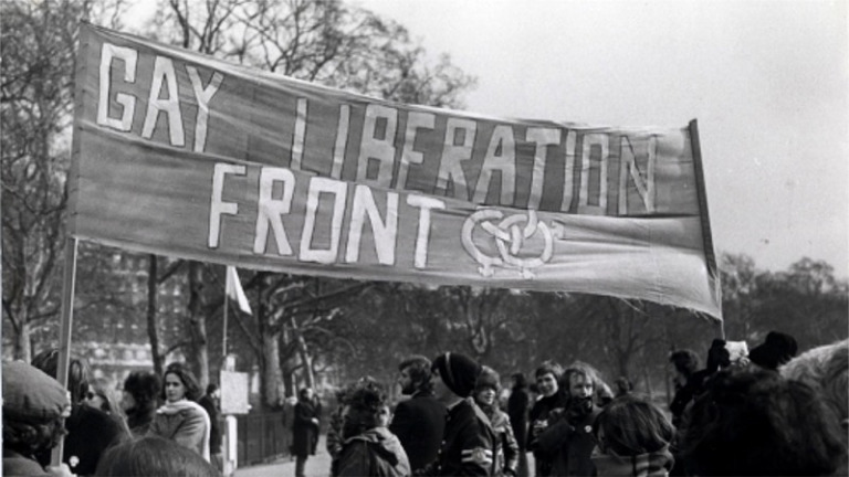 Activists involved with the Gay Liberation Front at a demonstration in the early 1970s.