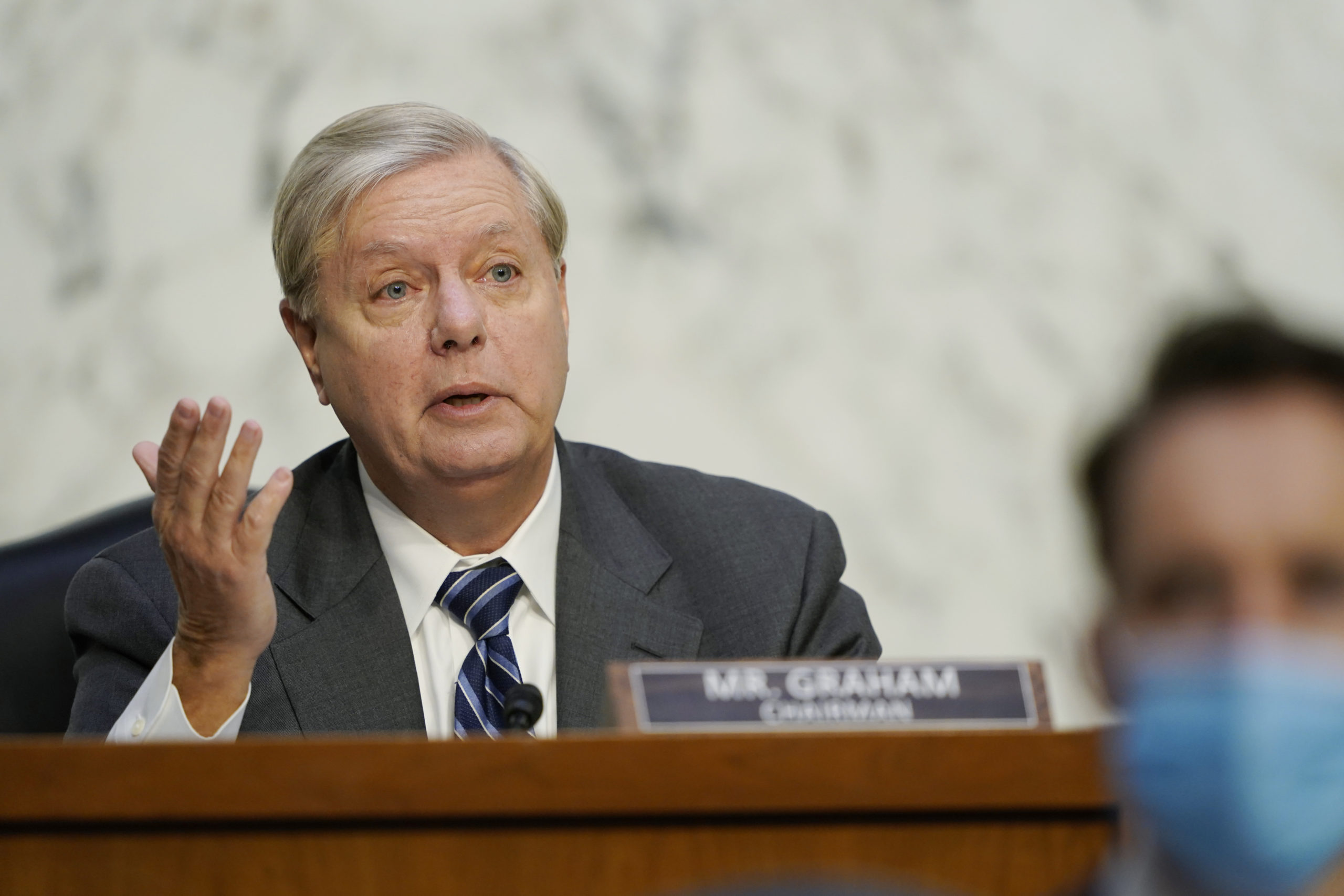 Chairman Sen. Lindsey Graham speaks as Supreme Court nominee Judge Amy Coney Barrett testifies before the Senate Judiciary Committee on the third day of her Supreme Court confirmation hearing on Capitol Hill on October 14, 2020 in Washington, DC. 
