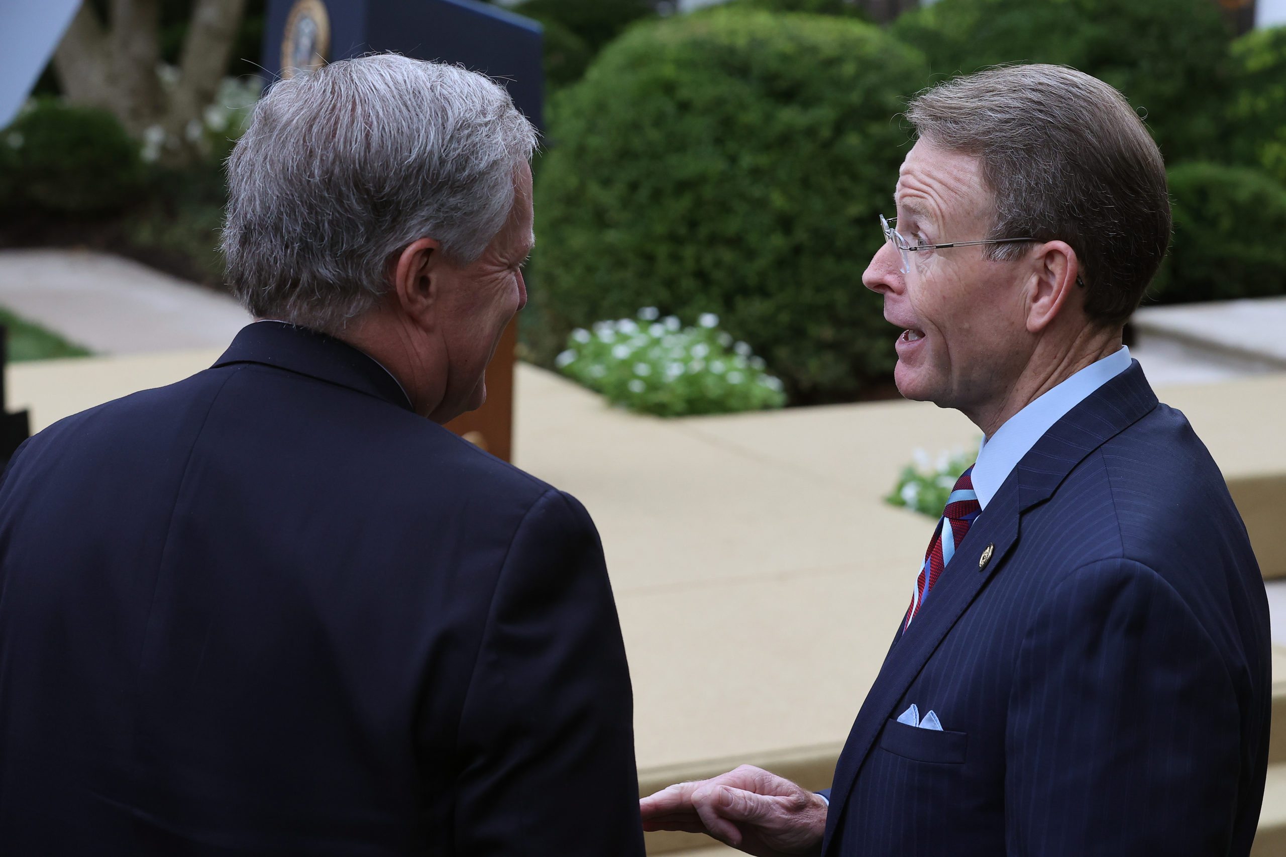Family Research Council president Tony Perkins talks with White House Chief of Staff Mark Meadows after President Donald Trump introduced Supreme Court nominee Amy Coney Barrett in the Rose Garden at the White House on September 26, 2020 