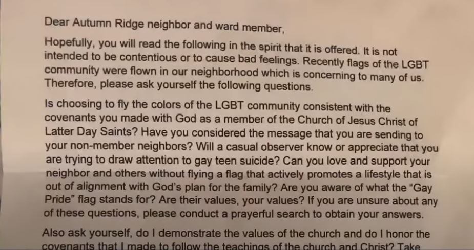 The Mormon resident's anonymous letter complained that the prevalence of Pride flags is "concerning to many of us"