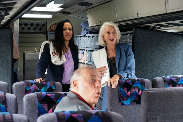 Sarah Cooper and Helen Mirren on a bus