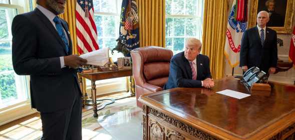 US President Donald Trump and Vice President Mike Pence participate in an Easter Blessing with Bishop Harry Jackson