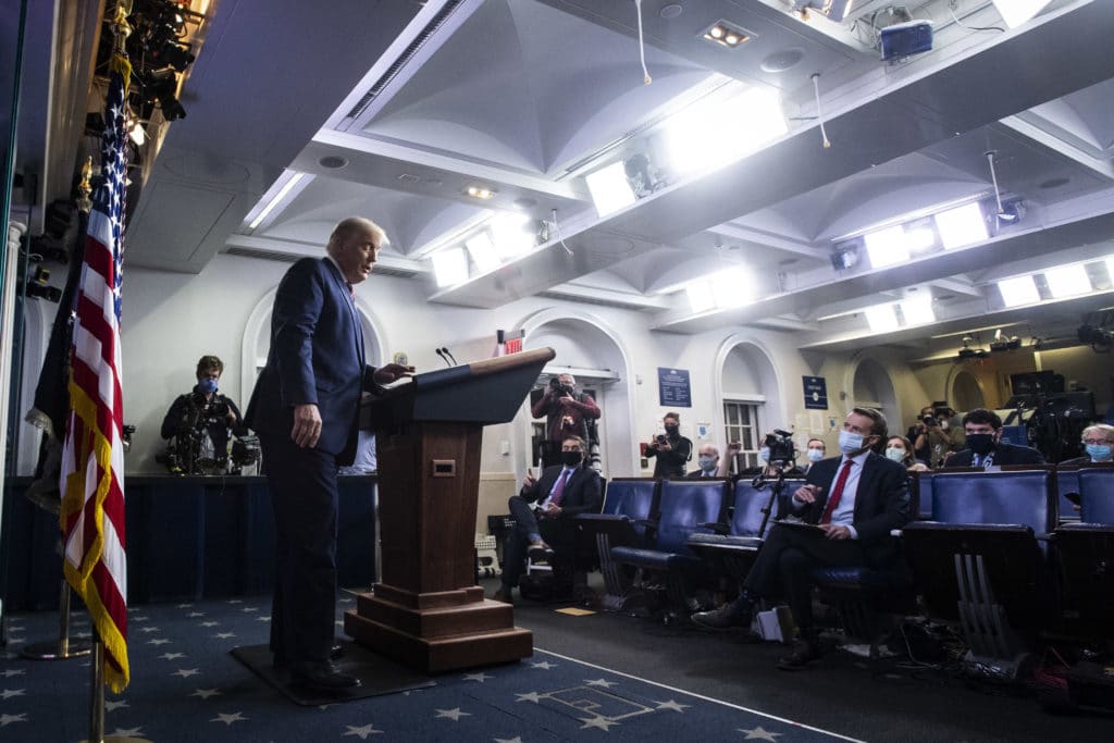 President Donald Trump speaks at a televised press briefing. He peddled false claims of far-reaching election fraud. (Jabin Botsford/The Washington Post via Getty Images)