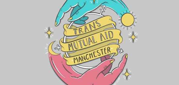 Illustration of two hands forming a circle with the words 'Trans Mutual Aid Manchester' in the middle