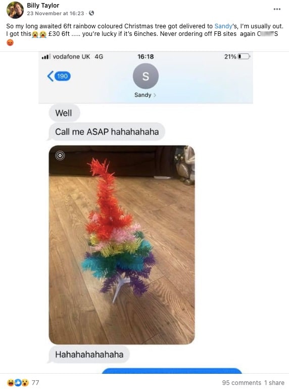 Facebook status showing the tiny rainbow Christmas tree